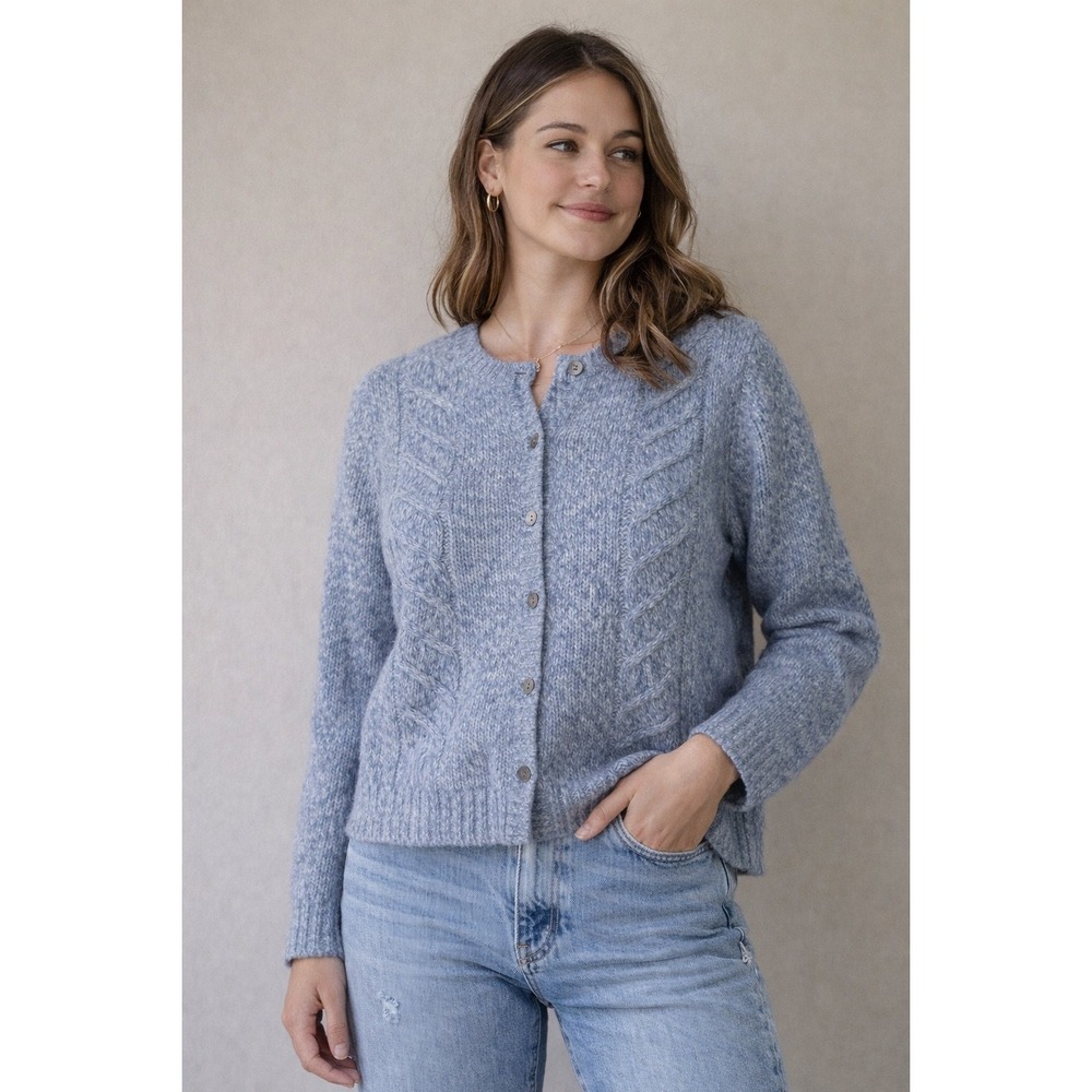Rena Rowan Blue Marl Wool Blend Cable‎ Knit Button Front Cardigan Sweater Medium